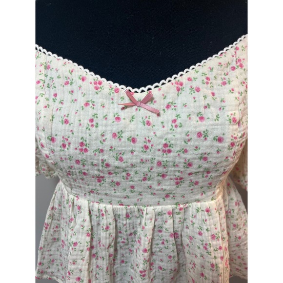 Altar'd State Floral Peplum Top Puff Sleeve Tie Back Pink Ivory Blouse M - Picture 5 of 10